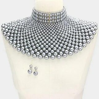 Gray Beaded Armor Choker Bib Chain Necklace Set