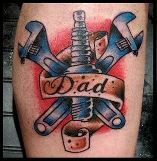 Dad tattoo with tools & spark plug Dad tattoos, Memorial tat