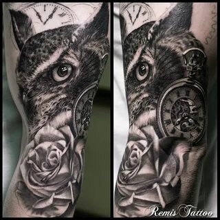 black and grey owl tattoo by Remis, remistattoo, realism, re