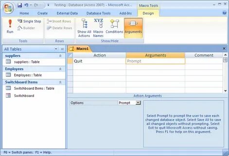 MS Access 2007: Create a switchboard item that closes down A