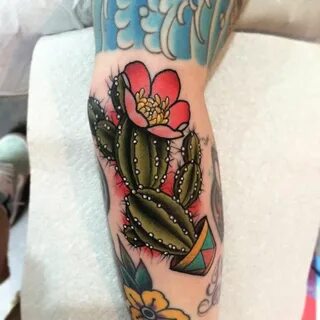 Beautiful Traditional Cactus And Red Flower In Pot Tattoo Ta