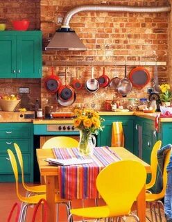 Teal kitchen cabinets and bright yellow accents #kitchenPots