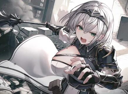 armor braids breasts building cleavage close gloves gray hai