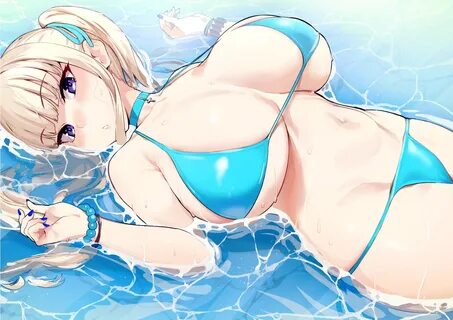Anime 1654x1169 big boobs cleavage blonde bikini blue bikini choker iku (ik...