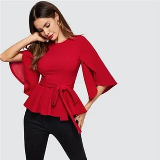 Red Split Flared Half Sleeve Belted Peplum Solid Blouse Top 