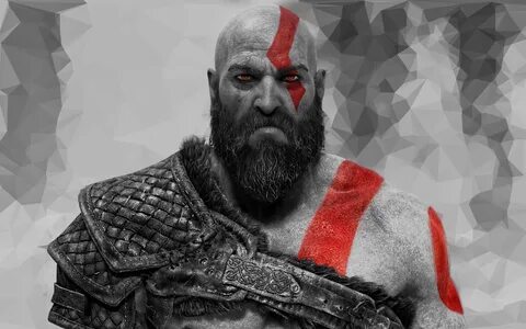 Скачать обои god of war, weapon, kratos, red eyes, man, pose