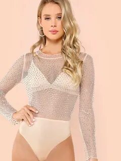 Sheer Mesh Long Sleeve Rhinestone Bodysuit Clothing Bodysuit