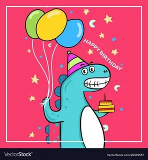 Cute dinosaur birthday with balloon and cake Vector Image
