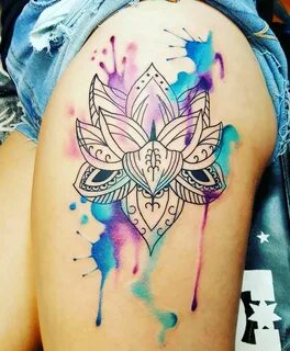Watercolor lotus flower tattoo Flower thigh tattoos, Thigh t