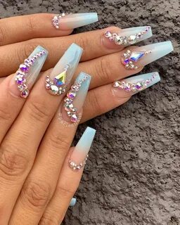 Cute blue ombre nails with diamonds design - Summer nails 20
