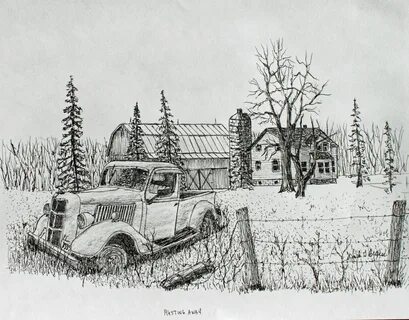 Rusting Away, Pen, Ink, Original, $75. The old farm truck is