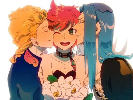 Safebooru - 1girl 2boys blonde hair blue hair bouquet flower