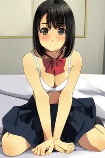 Safebooru - 1girl bangs bare shoulders bed sheet black hair 