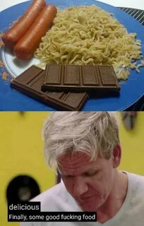 A delicious meal: Instant noodles + chocolate + sausage Fina