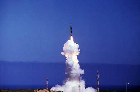 An LGM-118A Peacekeeper intercontinental ballistic missile is launched duri...