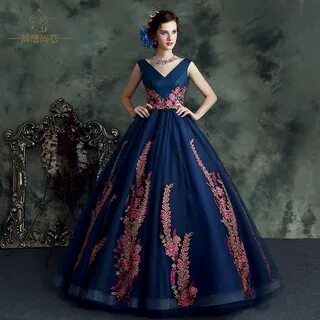 Королевский синий тяжелое платье с вышивкой средневековое дл