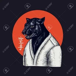 Black panther and bee biker and red sun. japanese text means: karate. fashi...