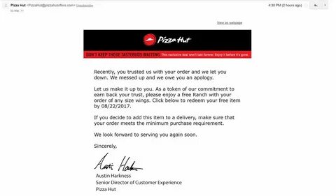 Pizza Hut messed up on my $60+ order and sent me this email.