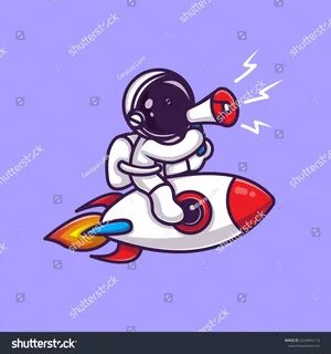 Astronaut Riding Rocket Megaphone Cartoon Vector: стоковая в