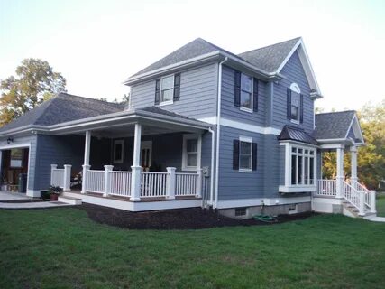 Here is the front of the house featuring Hardie Boothbay Blu