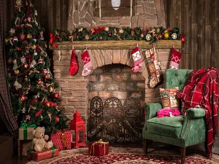 Indoor Christmas Brick Wall Fireplace Vinyl Photography Back