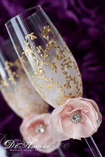 Blush pink, gold Wedding Champagne glasses/ Handmade flower 