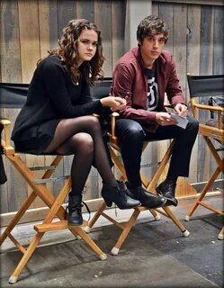 Maia Mitchell and David Lambert preparing for a scene on the