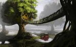 Red boat under tree house and bridge illustration, fantasy a