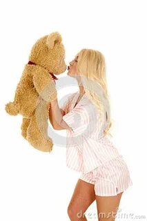 Woman Blond Pajamas Bear Kiss Stock Photo - Image of beautif