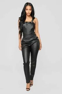 Give this fabulous black faux leather jumpsuit with front zi