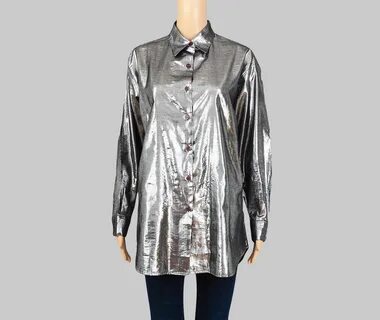 L size Vintage 80s metallic top Shiny silver strapped top Cl