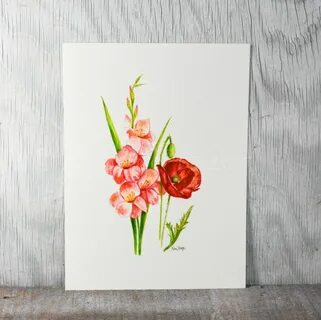Gladiolus and Poppy, August birthday flower, original waterc