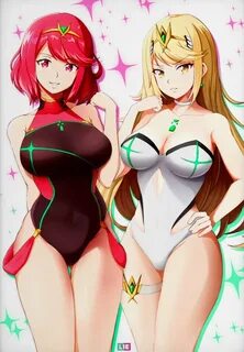 Swimsuit Mythra and Swimsuit Pyra posing Xenoblade Chronicle