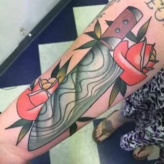 Chef Knife And Red Flowers Traditional Tattoo On Forearm Tra