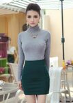 Short Green Pencil Skirt and Gray Turtleneck Sweater Fashion