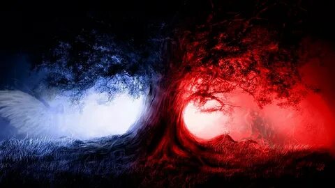 Red and blue tree digital wallpaper, trees, nature, angel, D
