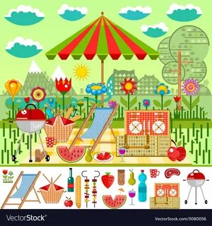 Summer picnic in the meadow with mountain views Vector Image