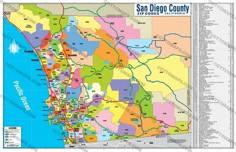 San Diego County Zip Code Map - FULL (Zip Codes colorized) -