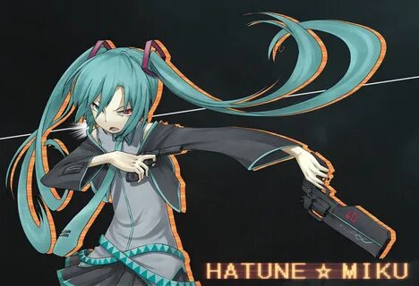 aqua hair bicolored eyes black gun hatsune miku long hair sk