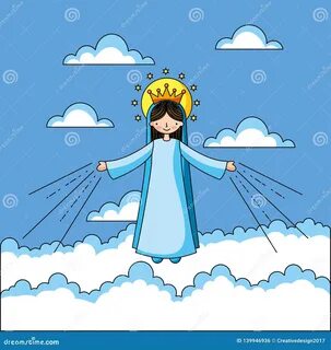 Holy virgin mary on clouds cartoon vector digital illustration image.