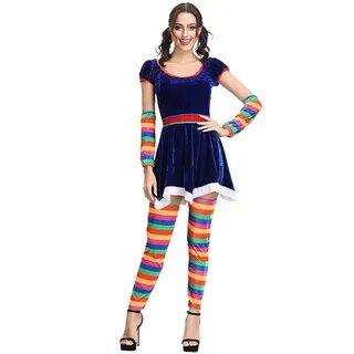 Women Cute Rainbow Stripe Circus Clown Costume Cosplay Adult