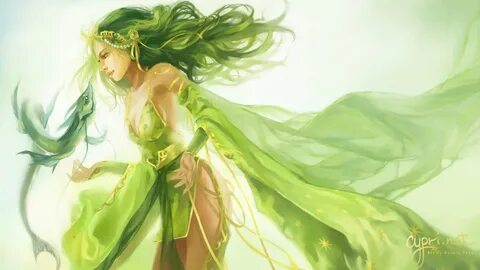 Female animated character in green dress digital wallpaper, 