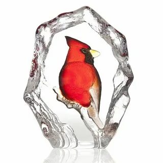 Red Cardinal Bird Painted Etched Crystal Sculpture by Mats J