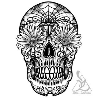 Day of the dead sugar skull black and white outline. on Beha
