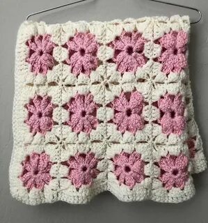 Crochet Afghan Granny Square Pink Ivory Lap Baby Girl Nurser