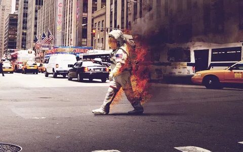 An astronaut, in flames, on 6th Avenue