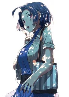 Safebooru - 1girl ahoge bag blue hair breasts dress handbag 