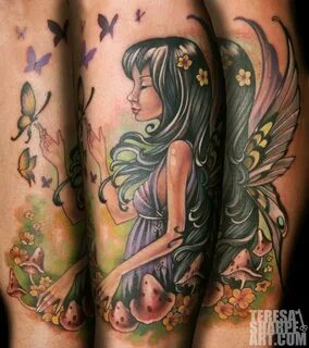 Realistic Cute Fairy With Flying Butterflies Tattoo Design F