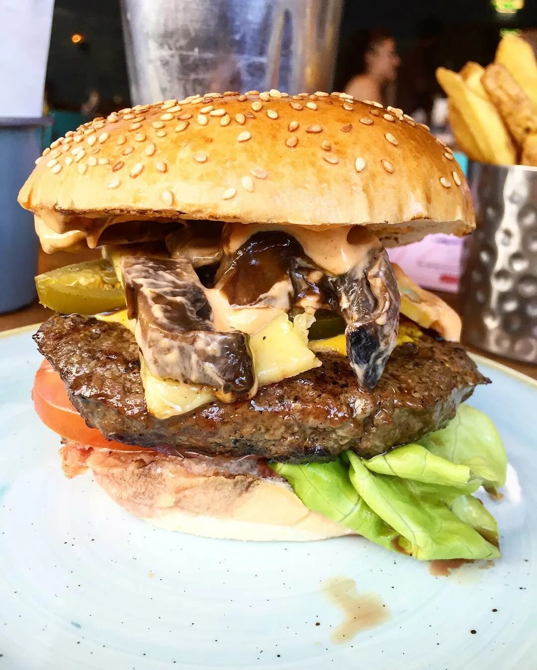 Mustard grilled beef patty, jalapeños, mature cheddar, bourbon glazed mushr...