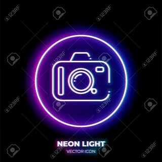 Camera Neon Light Line Art Vector Icon. Outline Symbol Of Ph